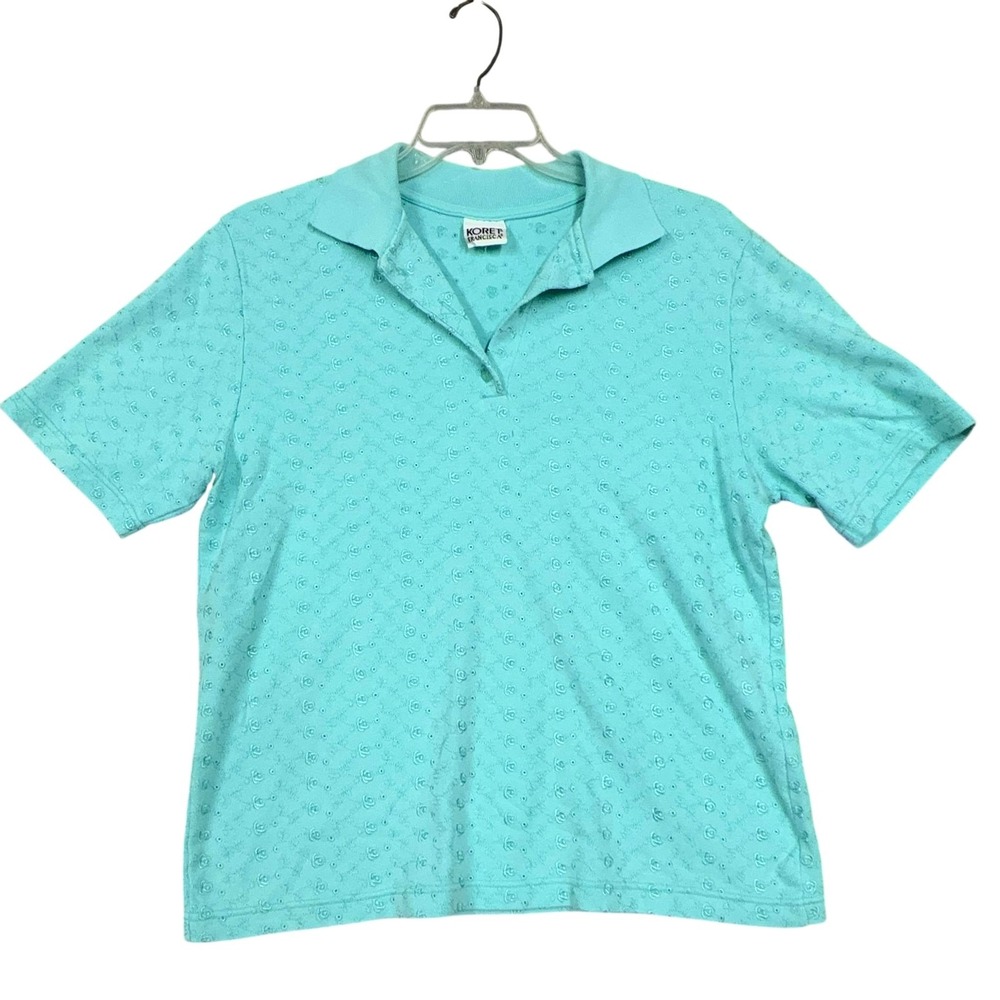 Koret Francisca Polo Shirt Womens Medium Blue Embroidered Floral Knit Top